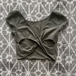 American Eagle Outfitters Olive Crop Top Cap Sleeve T Open Twist X Back Design
